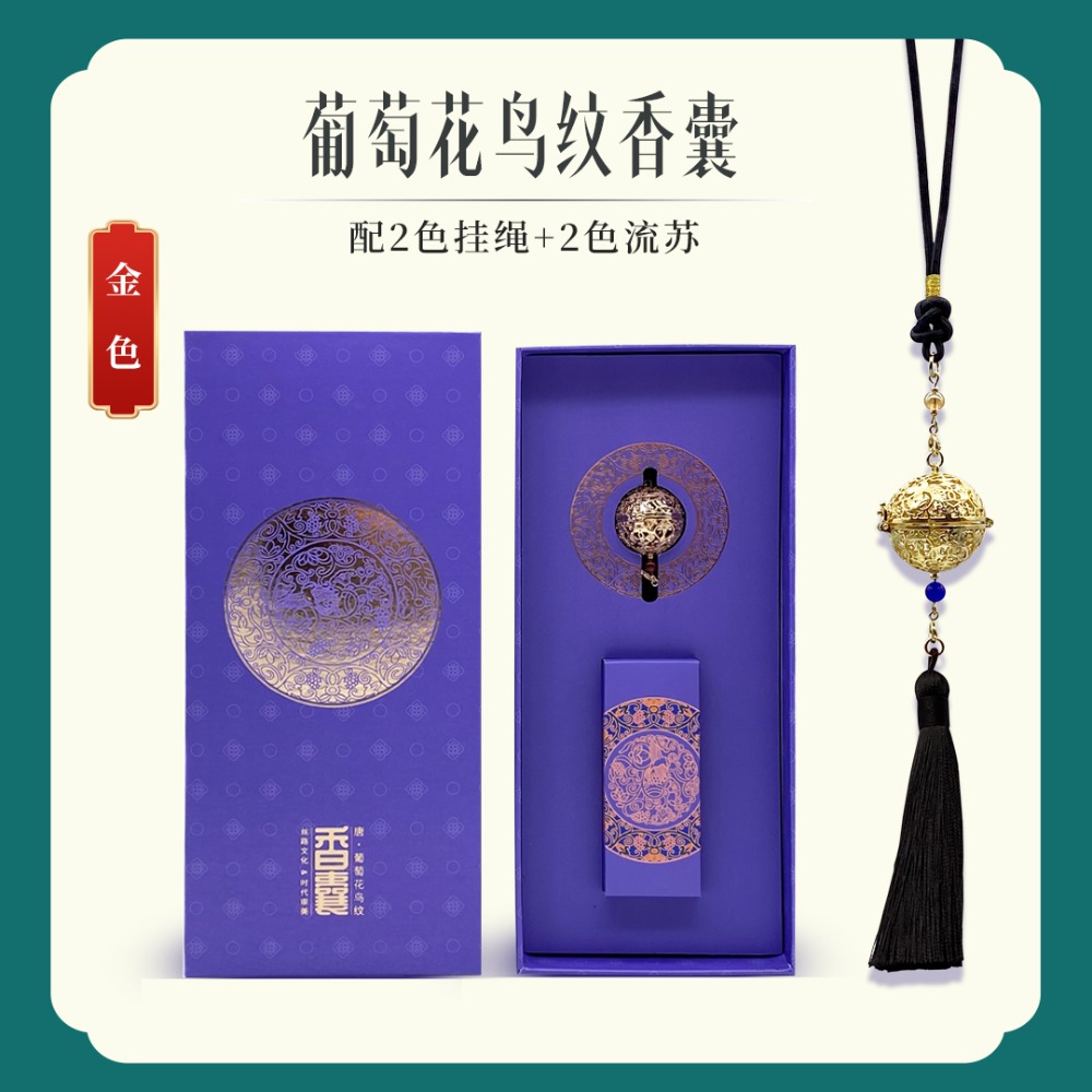 唐葡萄花鳥紋三色香囊